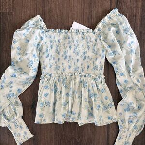 NWT Rachel Parcell Blue Floral Smocked Blouse Romantic Spring Top